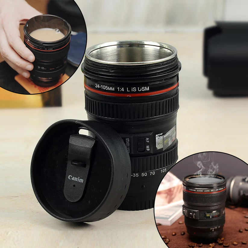 Plastic Camera Lens Shaped Stainless Steel Coffee Mug Flask Lid Camera ...