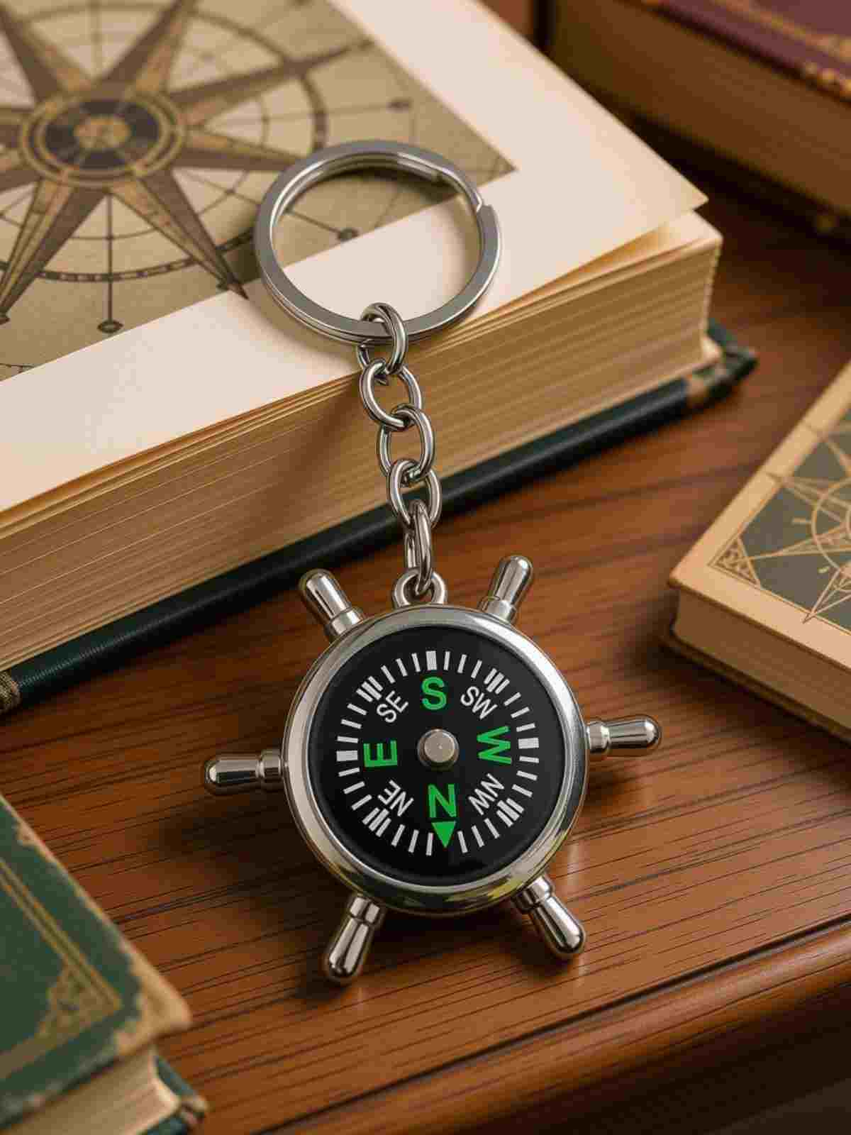 Control Remote Keychain Metal Compass Keychain, Steel Nautical Wheel Design Ship Wheel Design ...